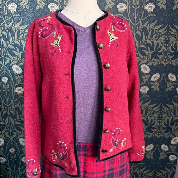 Icelandic Design Sweaters - Icelandic Design Red Embroidered Cardigan Wool Sweater